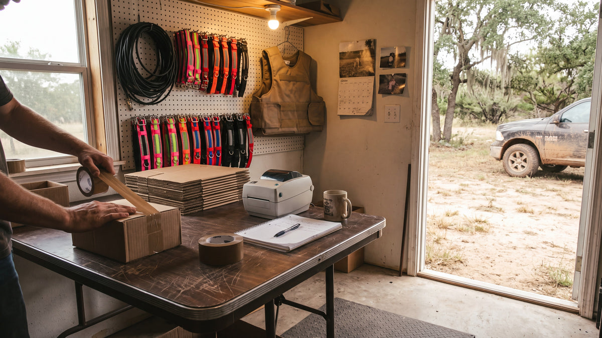 The Wild Boar USA shipping room, vests and collars stacked for orders