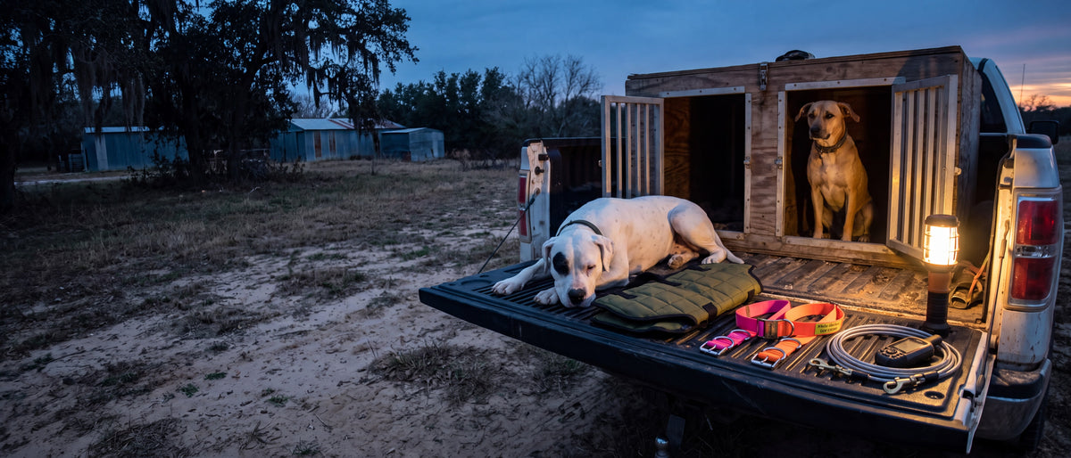 Dog box and gear at dusk on a south Texas ranch