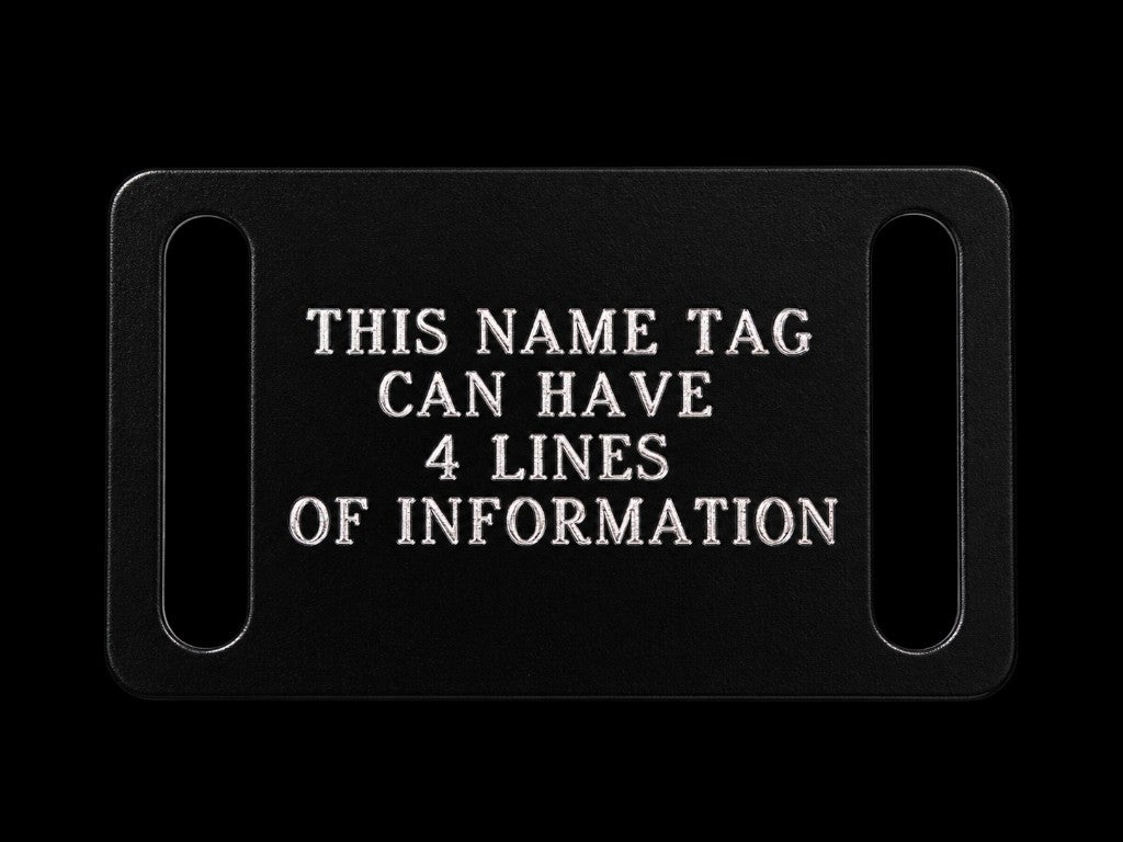 Slide-On Name Tag, black aluminum plate with strap slots