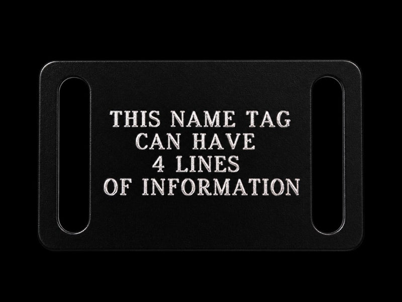Slide-On Name Tag, black aluminum plate with strap slots